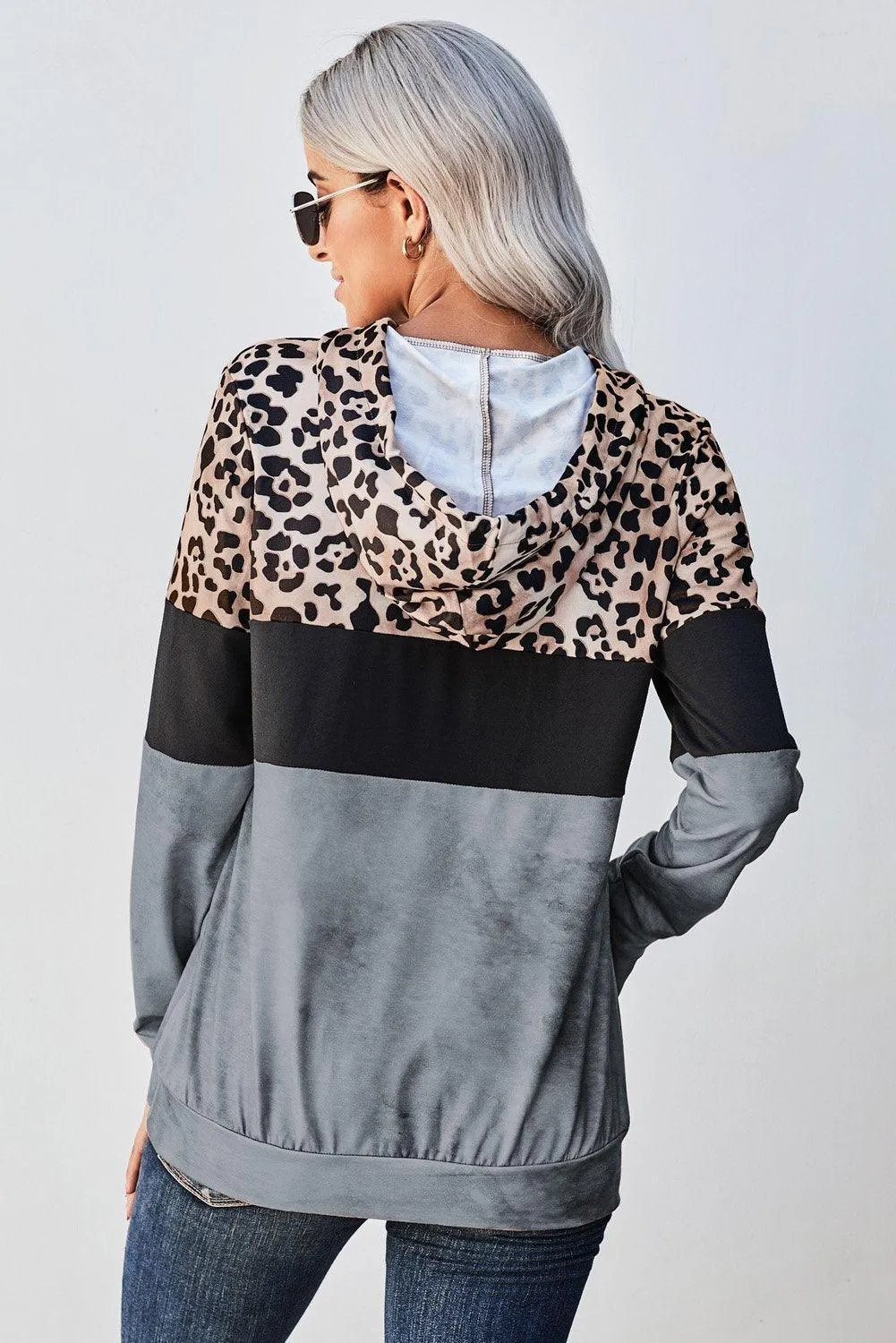 Gray Leopard Tie Dye Colorblock Hoodie