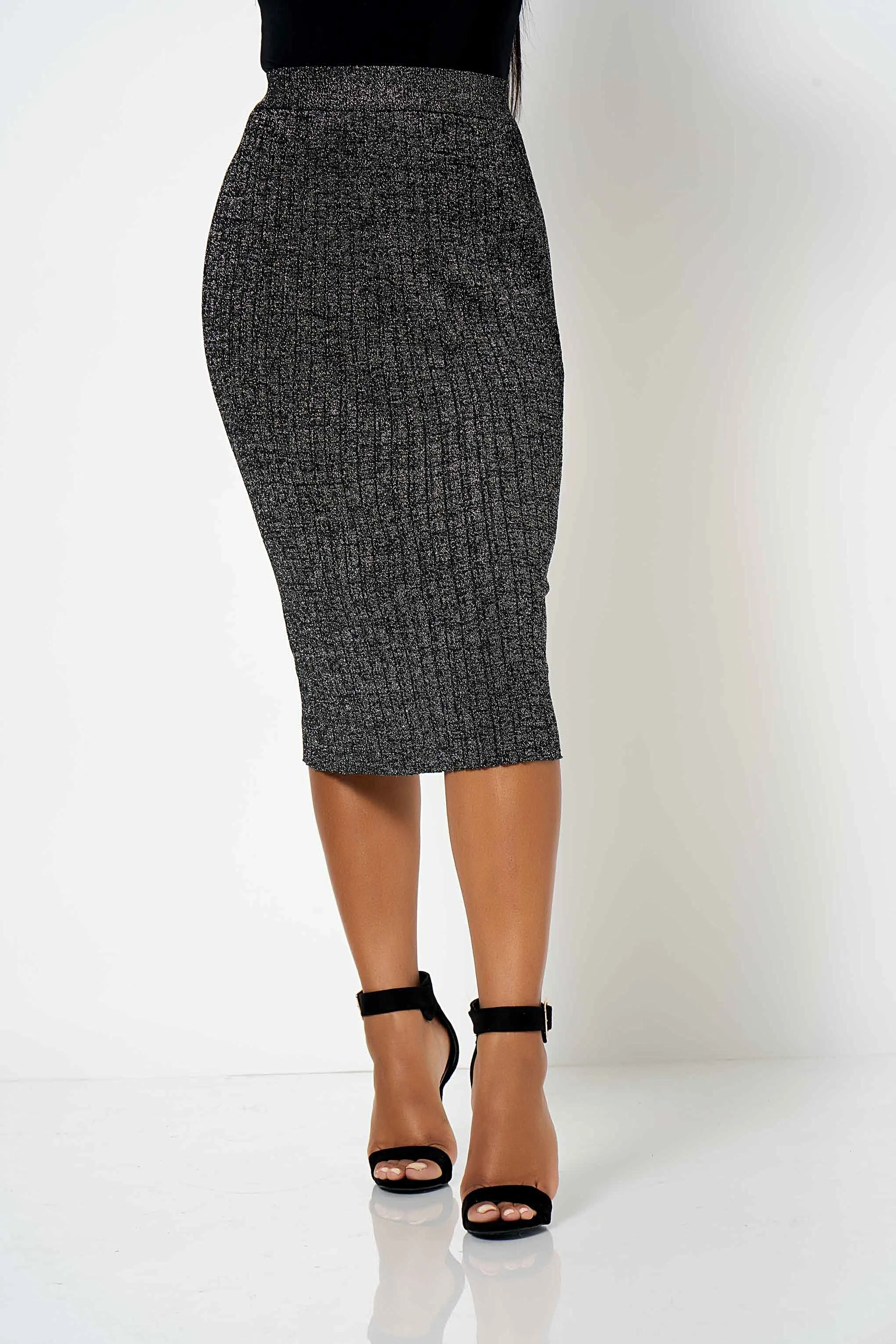 Grey Lurex Knited Co-ord Midi Skirt