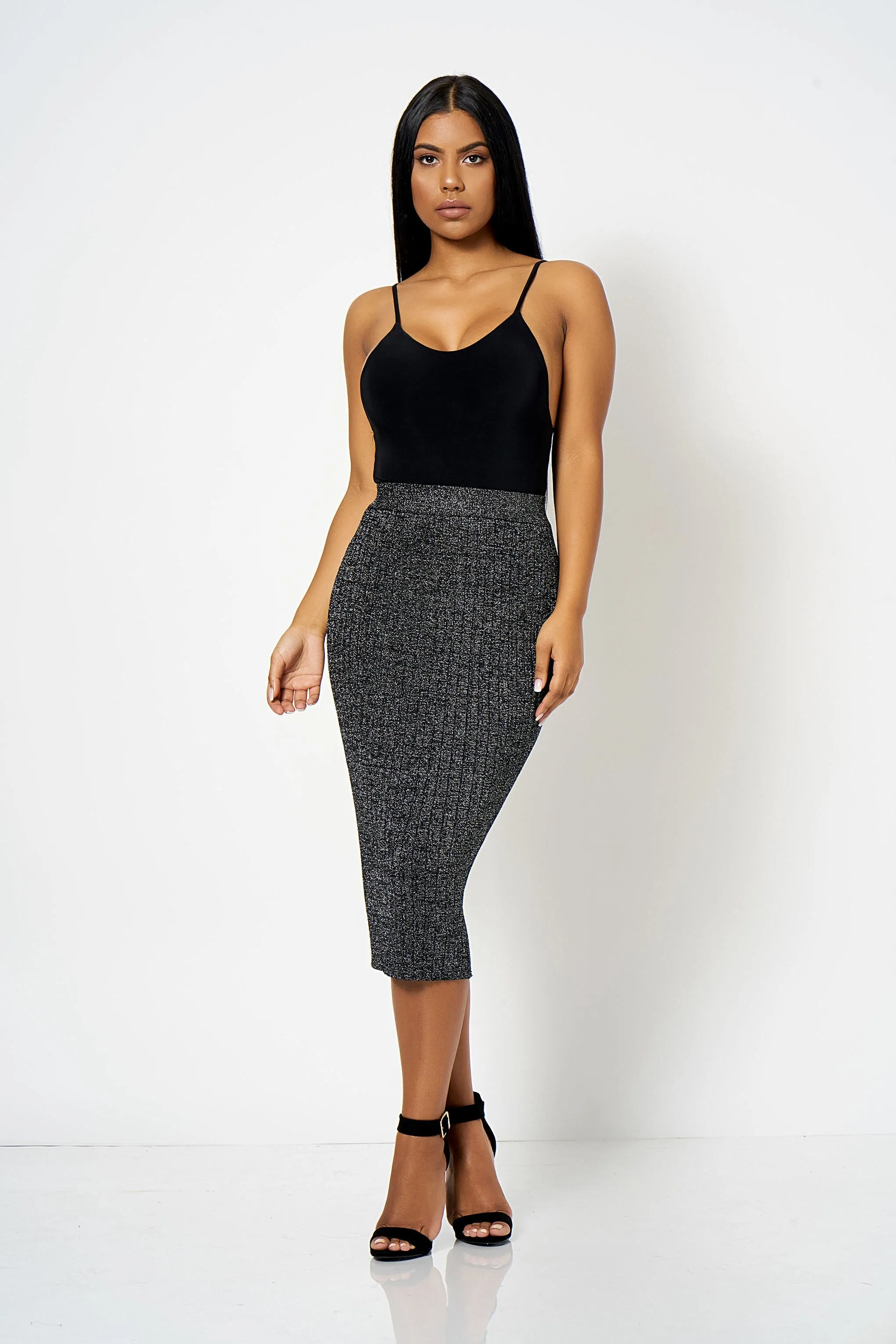 Grey Lurex Knited Co-ord Midi Skirt