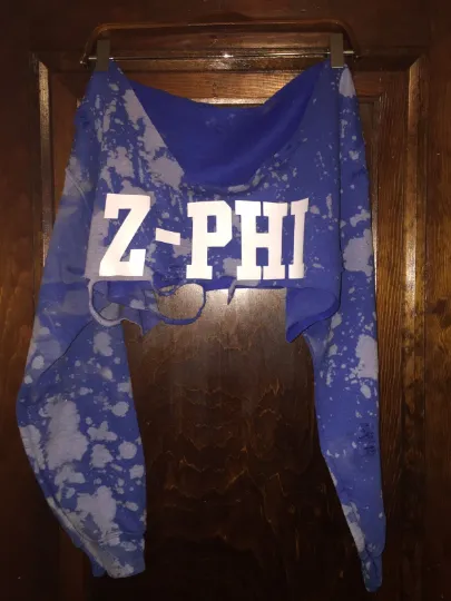 Handmade Zeta Phi Beta ZPB Z-Phi Blue White Off Shoulder Lightly Distressed Super Crop Sweater