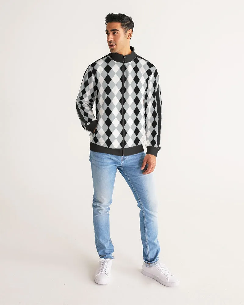 Harlequin Check Concrete Black and White Men's Stripe-Sleeve Track Jacket