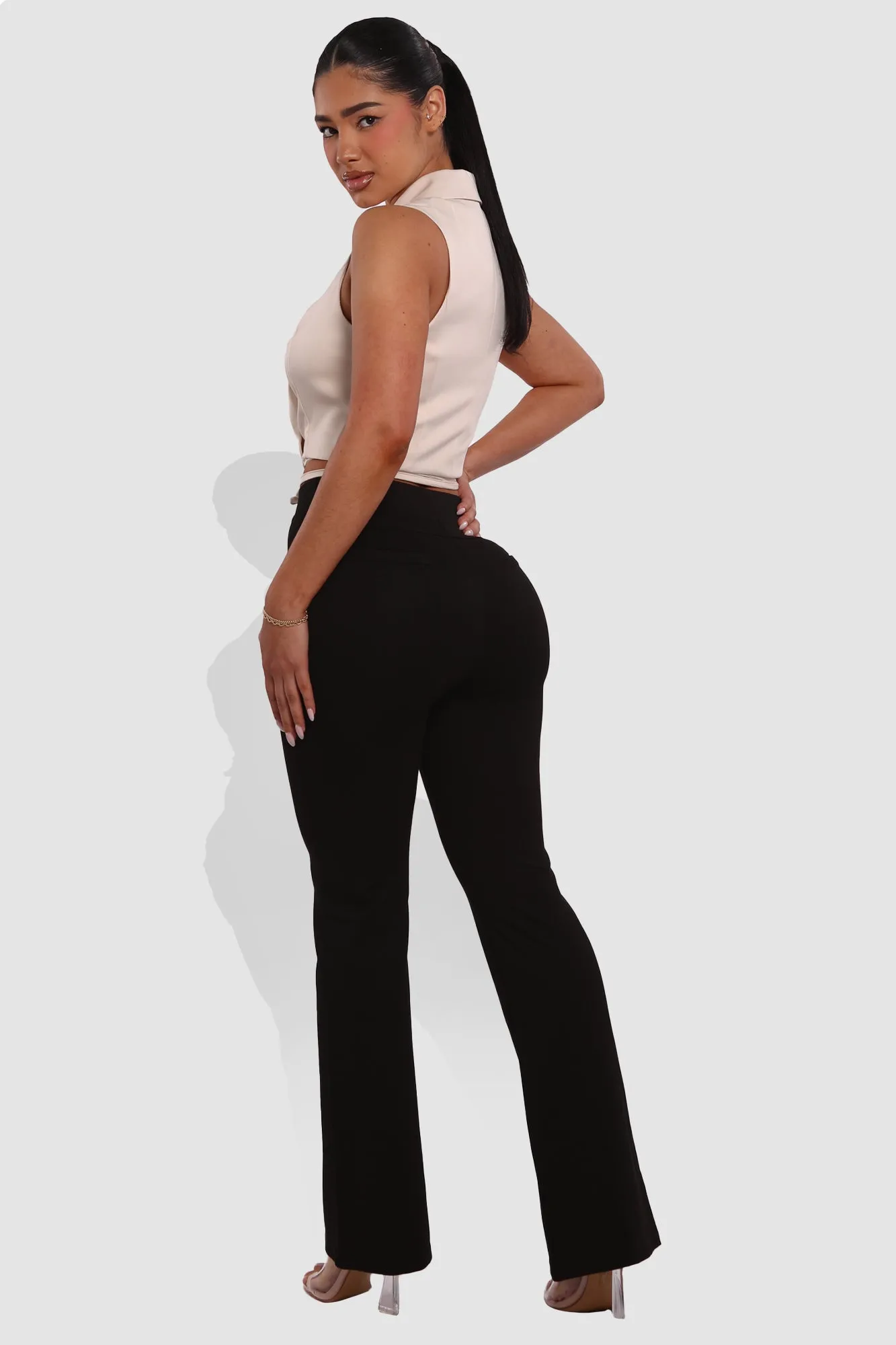 High Classic Waist Front Seam Flare Pants - Black