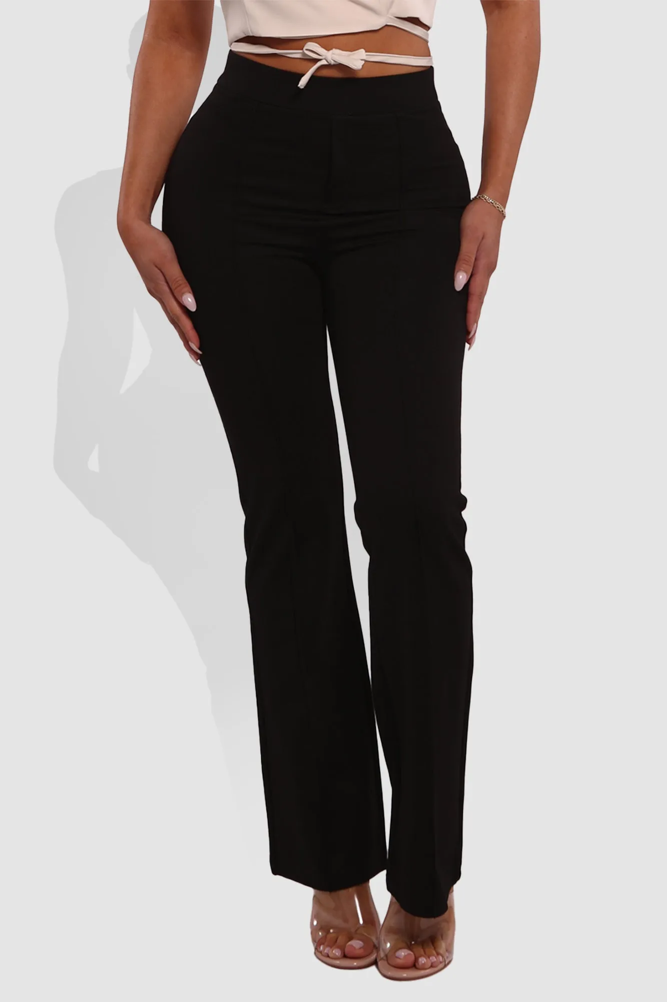 High Classic Waist Front Seam Flare Pants - Black