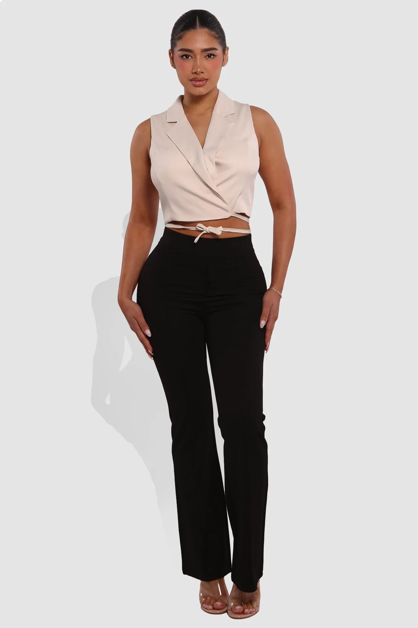 High Classic Waist Front Seam Flare Pants - Black