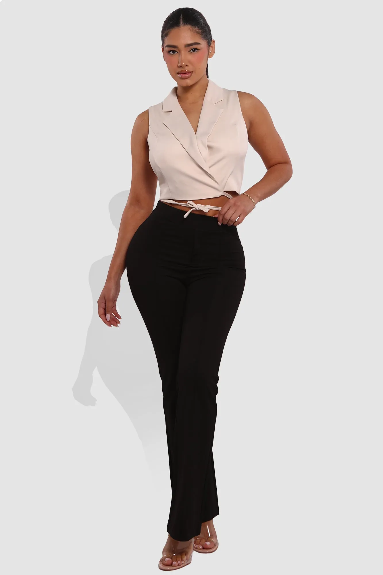 High Classic Waist Front Seam Flare Pants - Black