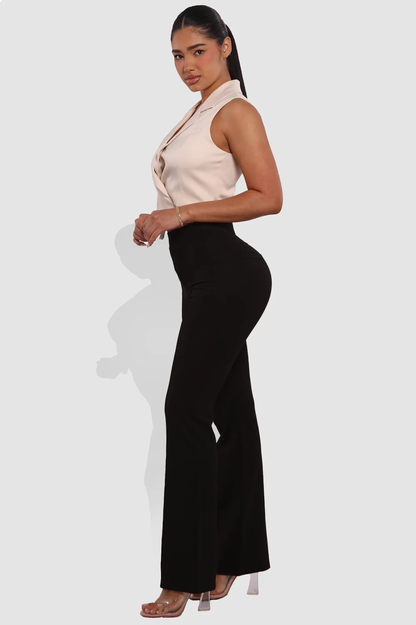 High Classic Waist Front Seam Flare Pants - Black