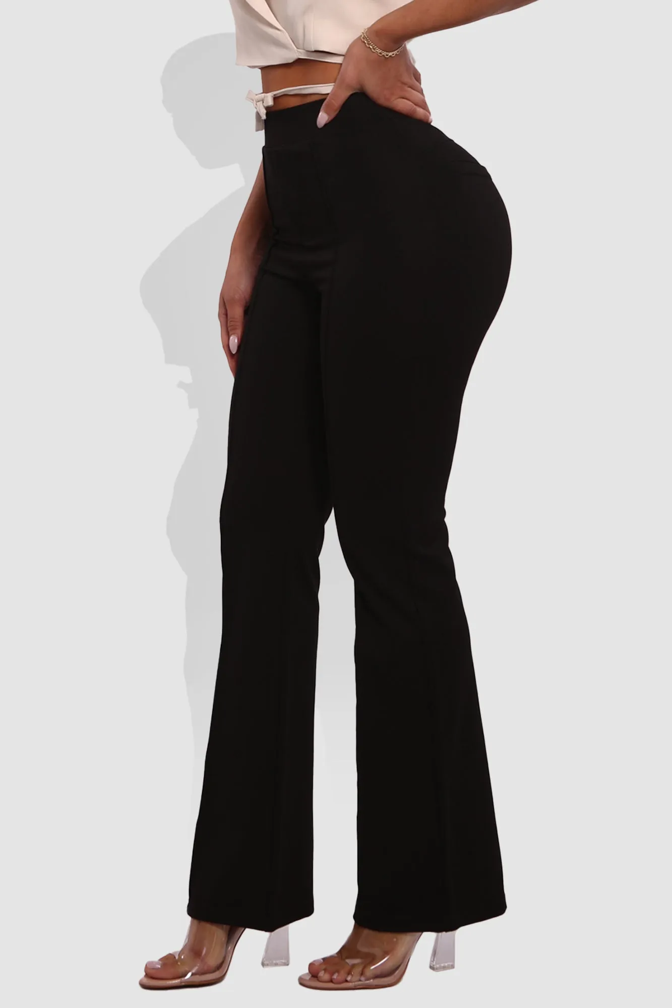 High Classic Waist Front Seam Flare Pants - Black