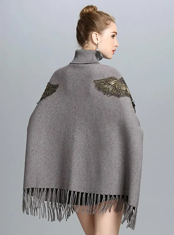 HIGH NECKED TURTLENECK BAT SLEEVE FRINGED KNITTED SHAWL