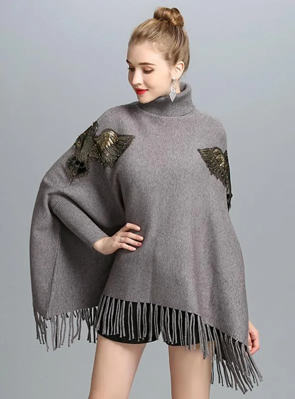 HIGH NECKED TURTLENECK BAT SLEEVE FRINGED KNITTED SHAWL