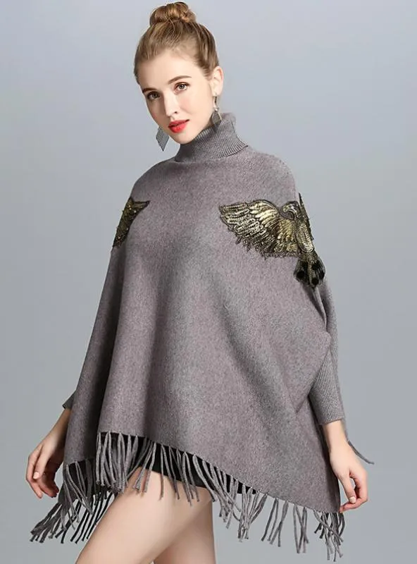 HIGH NECKED TURTLENECK BAT SLEEVE FRINGED KNITTED SHAWL