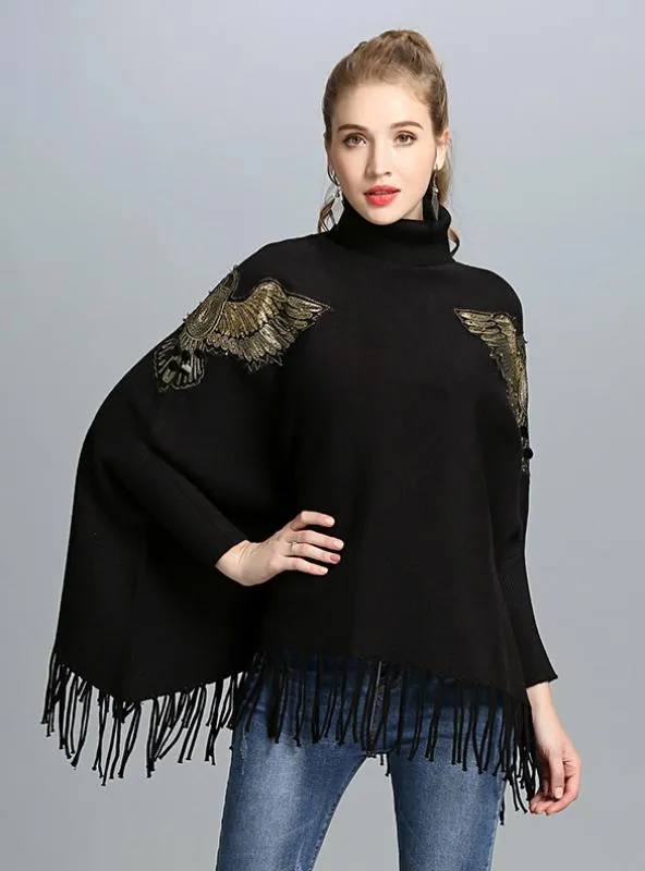 HIGH NECKED TURTLENECK BAT SLEEVE FRINGED KNITTED SHAWL