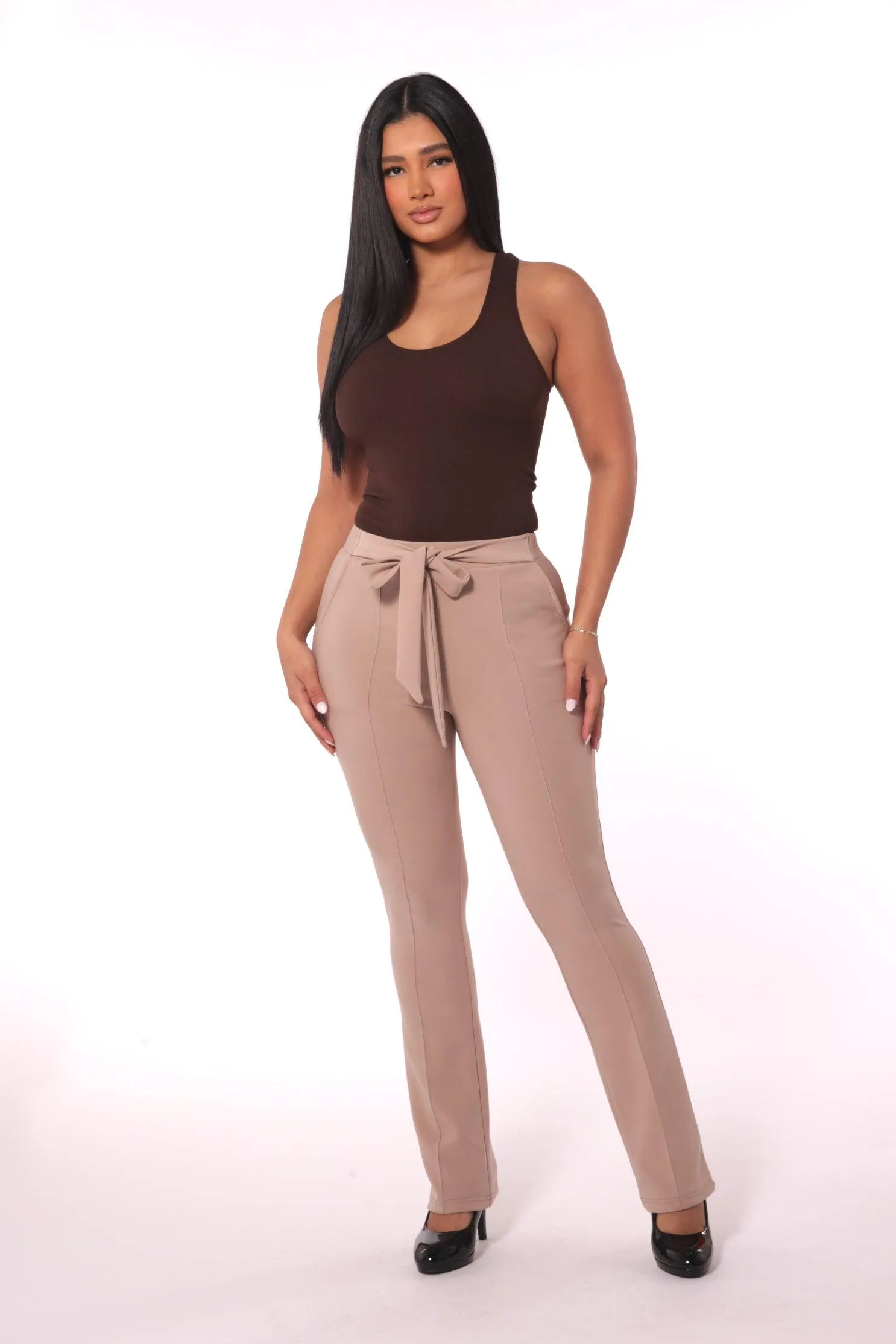 High Waist Flare Pants With Front Seam Detail And Waist Tie - Latte