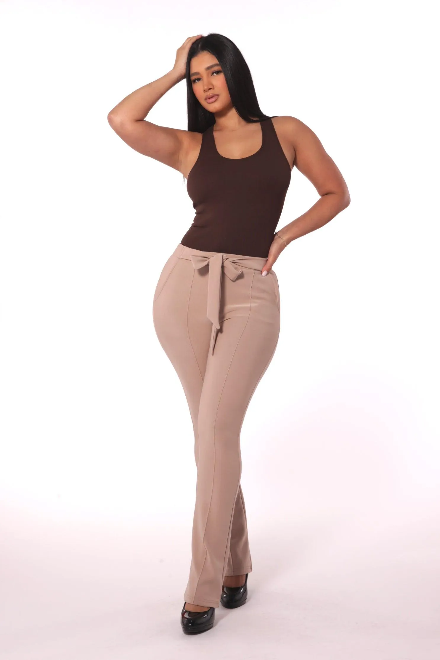 High Waist Flare Pants With Front Seam Detail And Waist Tie - Latte