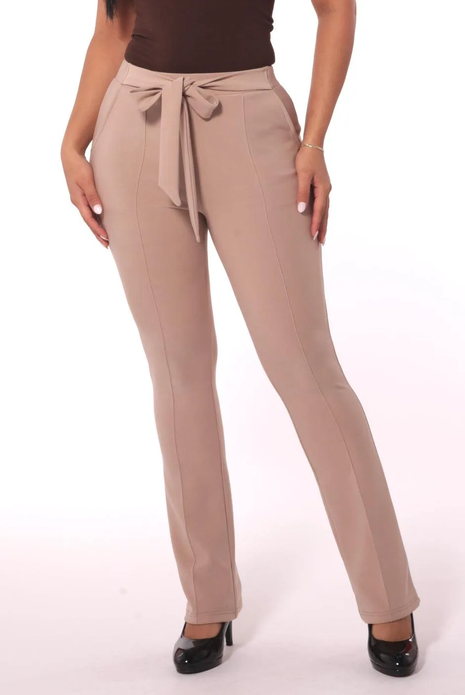 High Waist Flare Pants With Front Seam Detail And Waist Tie - Latte