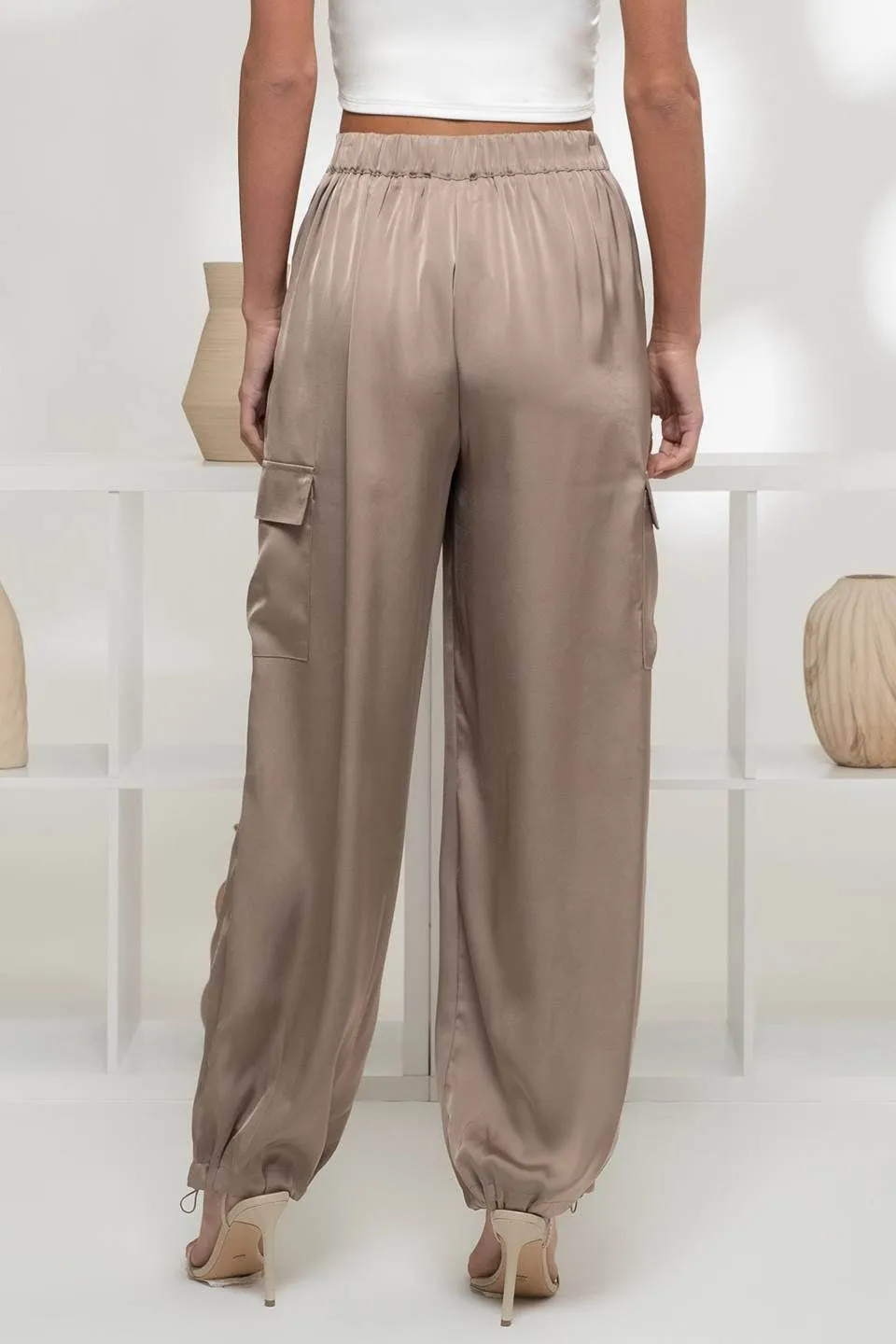 HIGH WAIST SATIN CARGO JOGGER PANTS