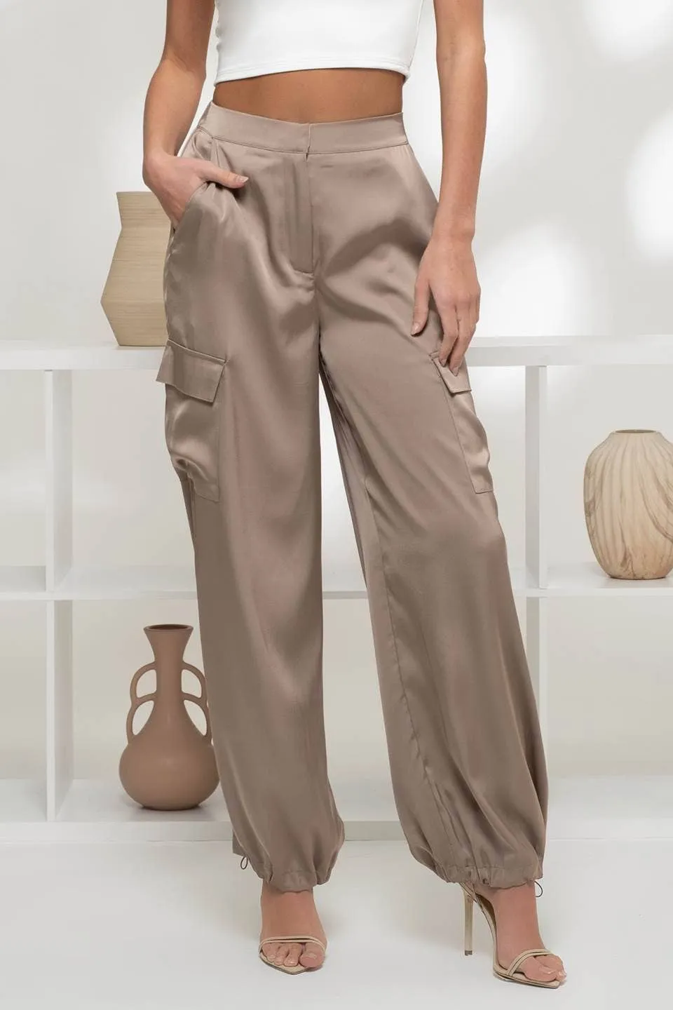 HIGH WAIST SATIN CARGO JOGGER PANTS