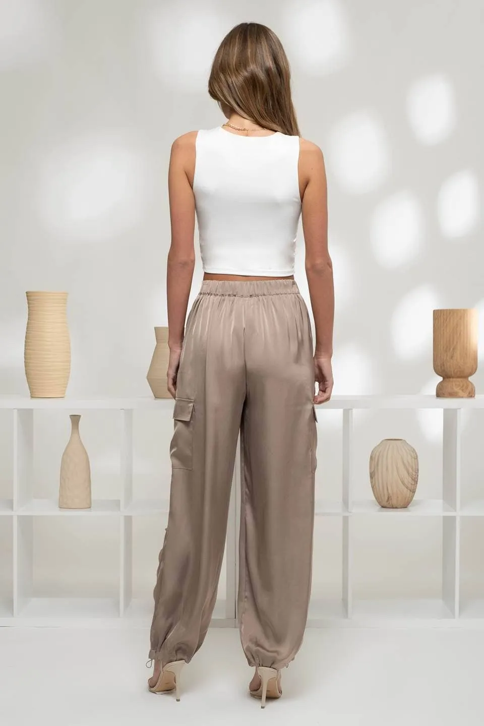 HIGH WAIST SATIN CARGO JOGGER PANTS