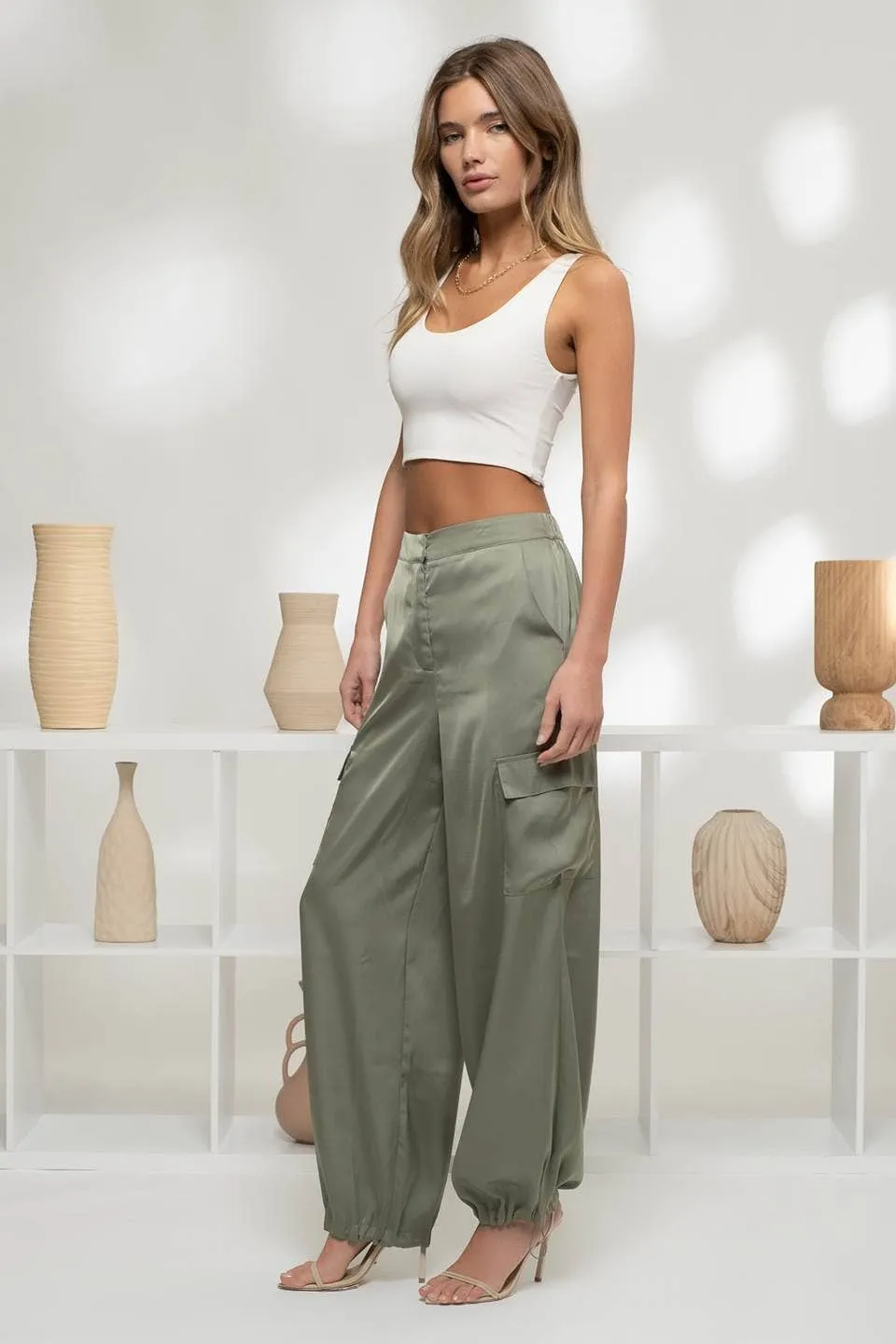 HIGH WAIST SATIN CARGO JOGGER PANTS