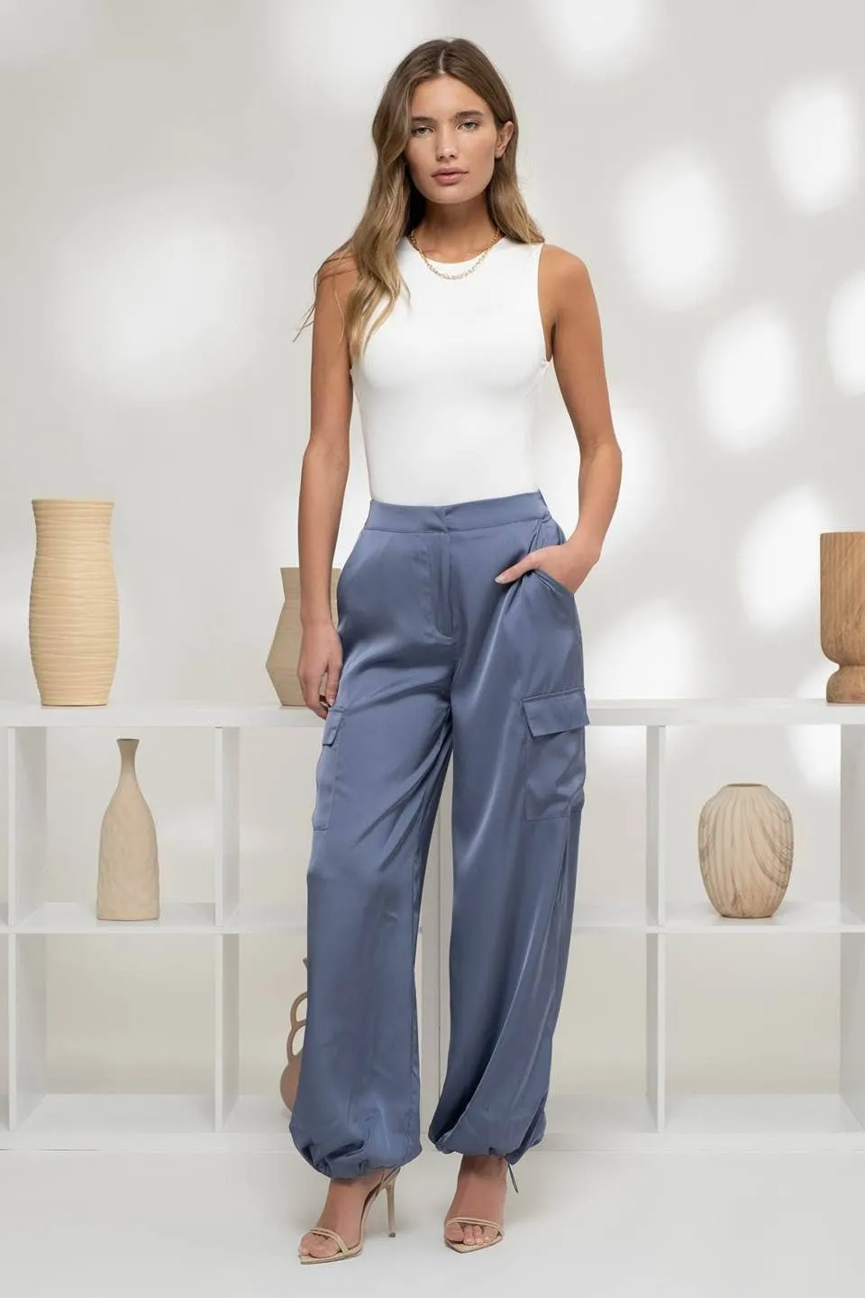 HIGH WAIST SATIN CARGO JOGGER PANTS