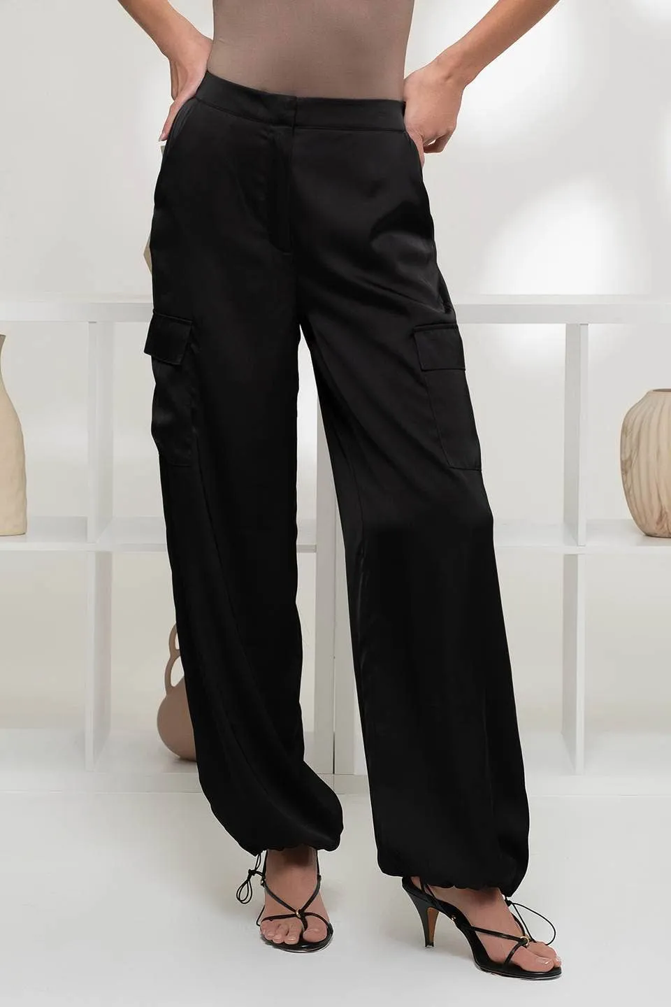 HIGH WAIST SATIN CARGO JOGGER PANTS