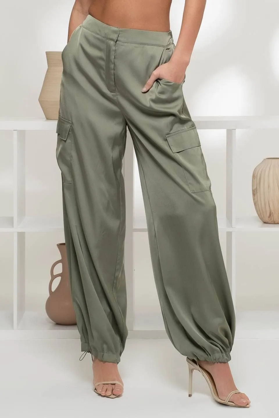 HIGH WAIST SATIN CARGO JOGGER PANTS