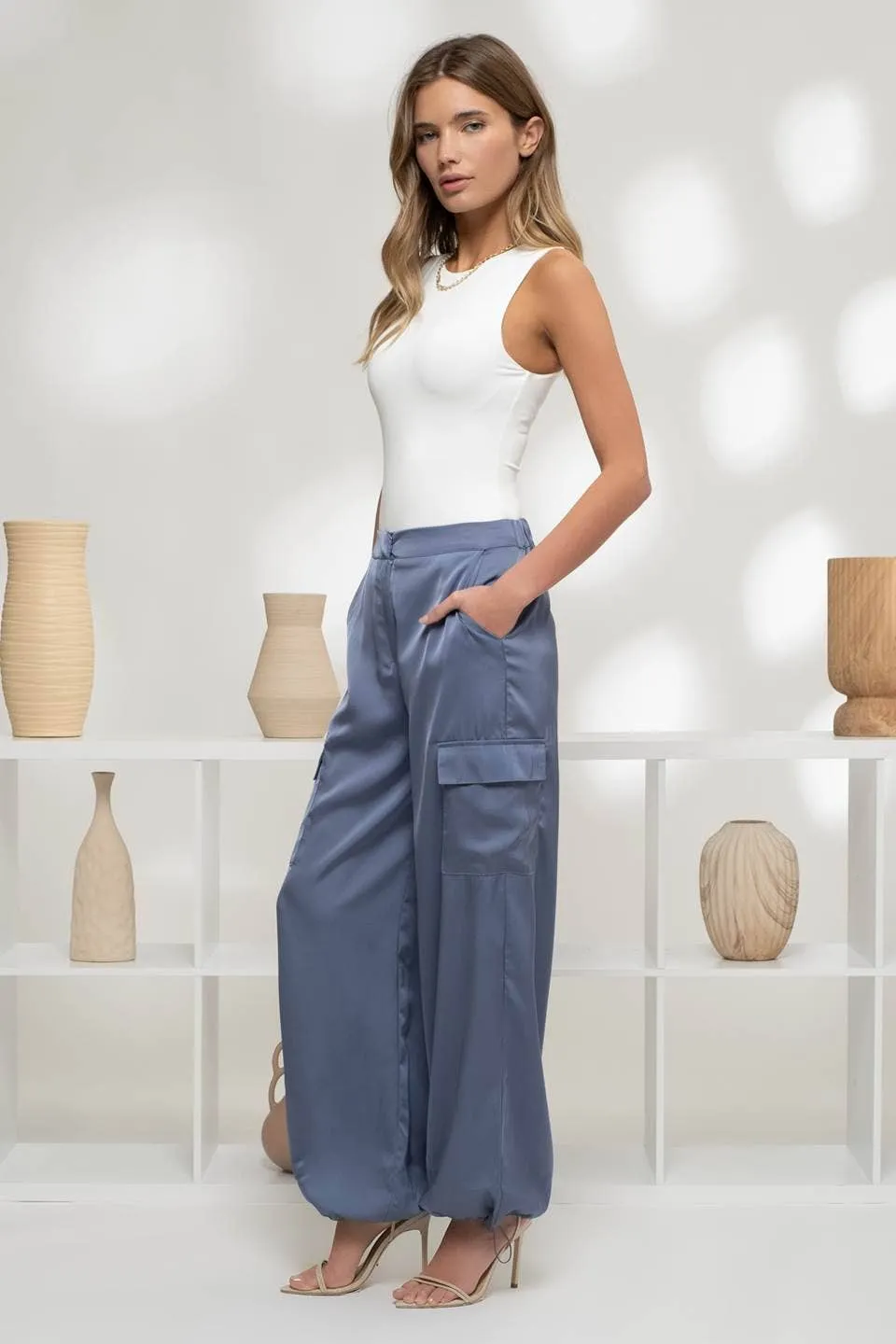 HIGH WAIST SATIN CARGO JOGGER PANTS