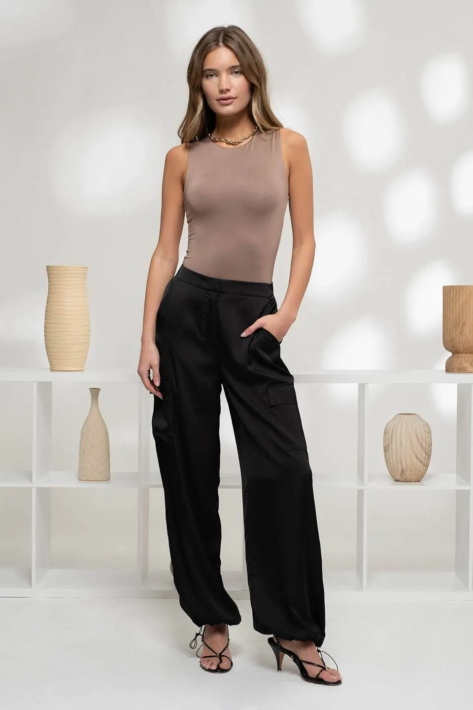 HIGH WAIST SATIN CARGO JOGGER PANTS