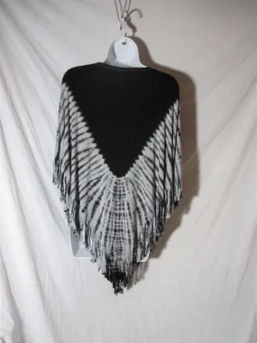 HOLCOMO UNLIMITED Fringe Tie-Dye Poncho Festival Hippie Boho BLACK GREY