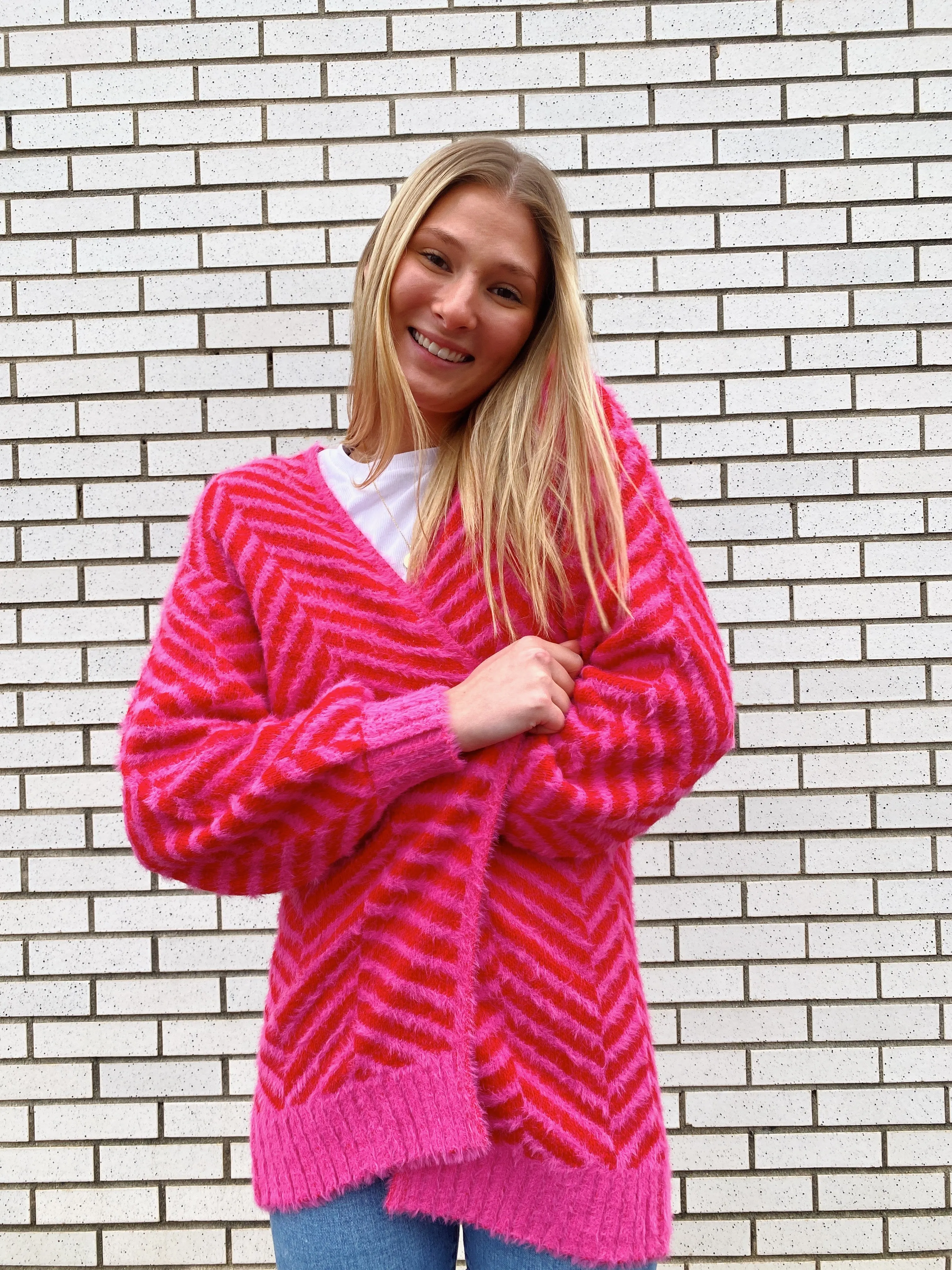 HOT PINK AND RED CHESHIRE CHEVRON EYELASH CARDIGAN