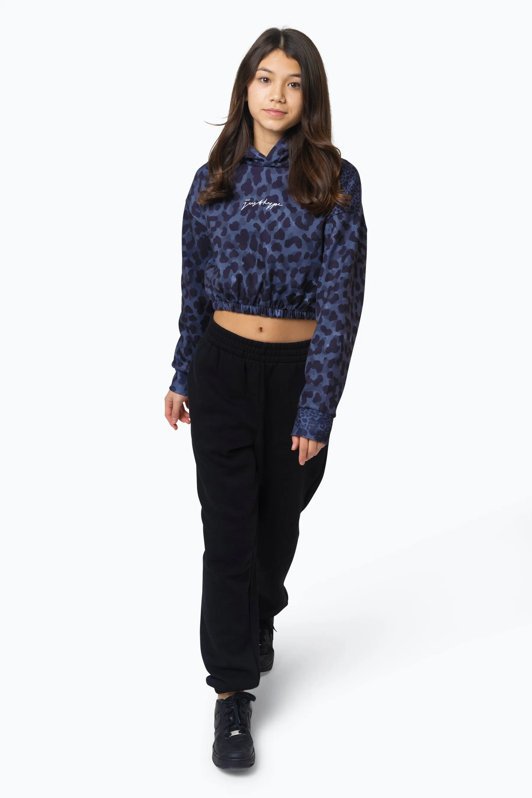 Hype Kids Black Mono Leopard Crop Hoodie