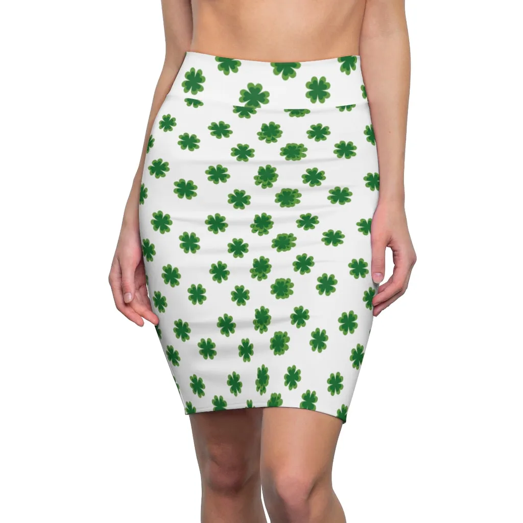 Irish White Clover Skirt, Green Clover Leaf Print St. Patrick's Day Women's Pencil Skirt- Made in USA