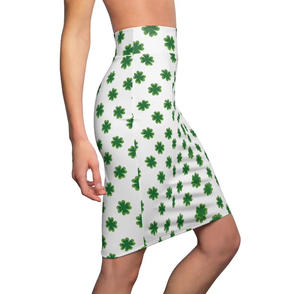 Irish White Clover Skirt, Green Clover Leaf Print St. Patrick's Day Women's Pencil Skirt- Made in USA