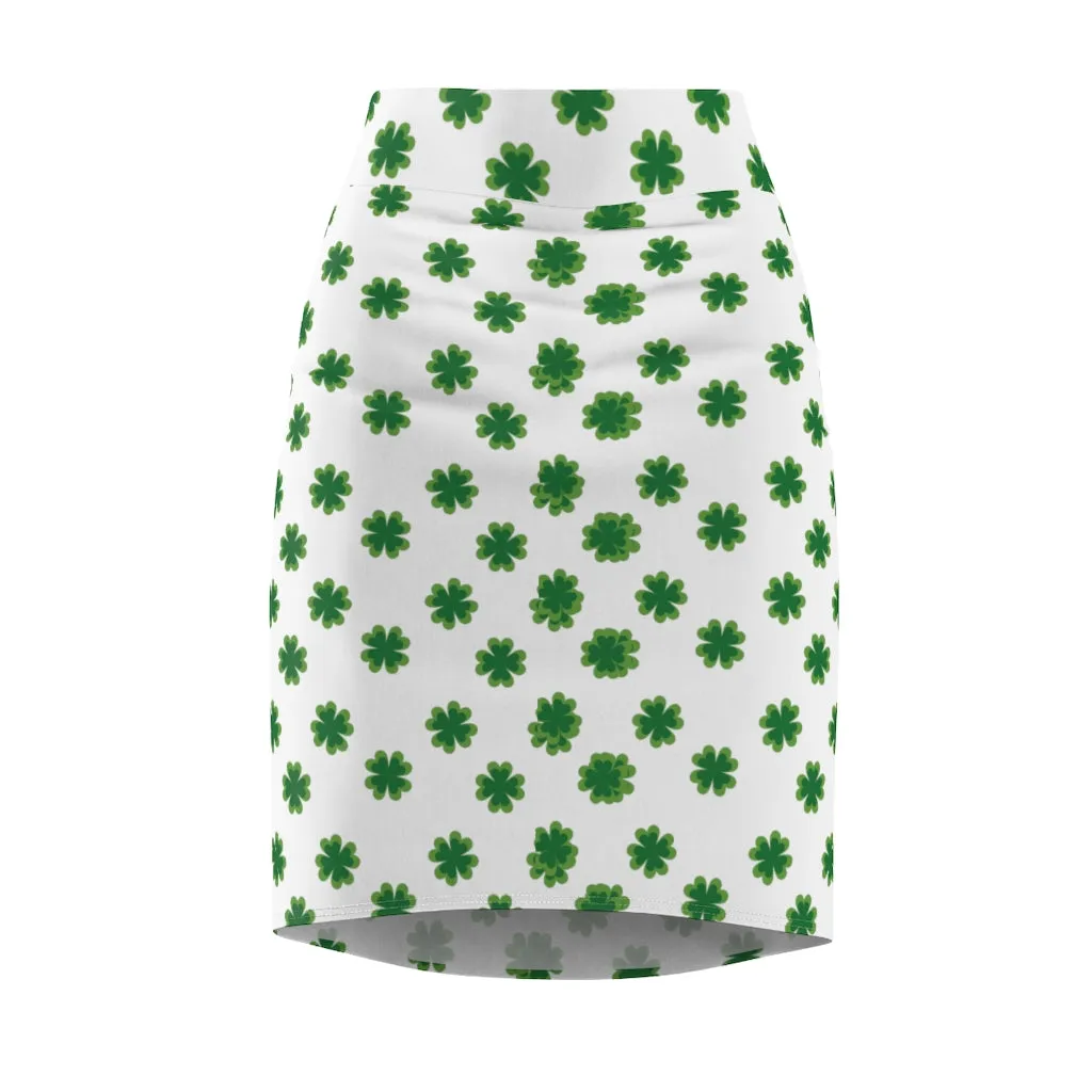 Irish White Clover Skirt, Green Clover Leaf Print St. Patrick's Day Women's Pencil Skirt- Made in USA