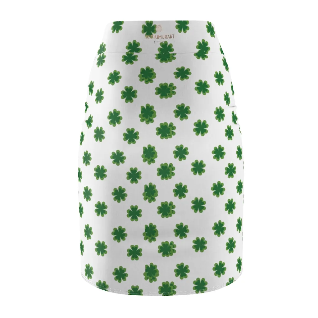 Irish White Clover Skirt, Green Clover Leaf Print St. Patrick's Day Women's Pencil Skirt- Made in USA