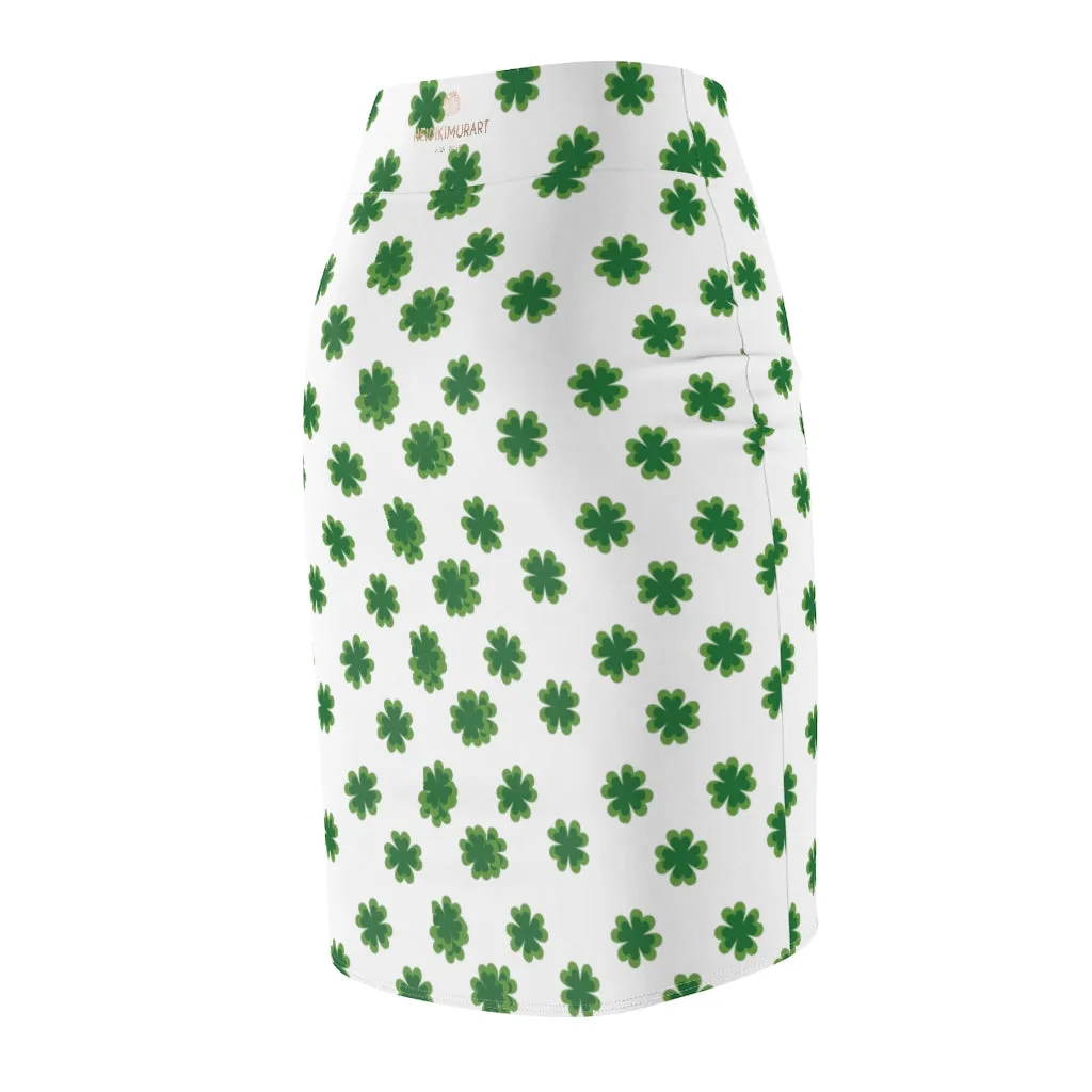 Irish White Clover Skirt, Green Clover Leaf Print St. Patrick's Day Women's Pencil Skirt- Made in USA