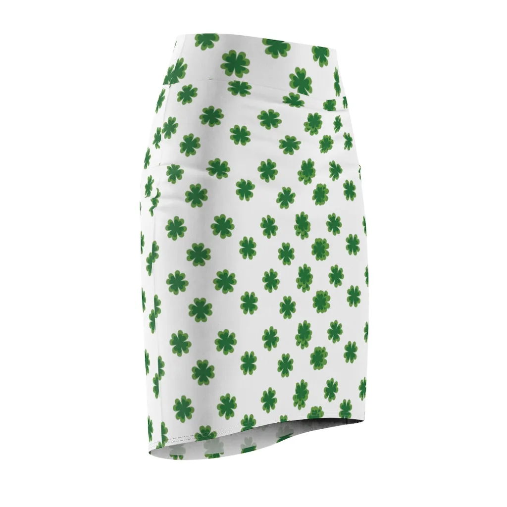 Irish White Clover Skirt, Green Clover Leaf Print St. Patrick's Day Women's Pencil Skirt- Made in USA