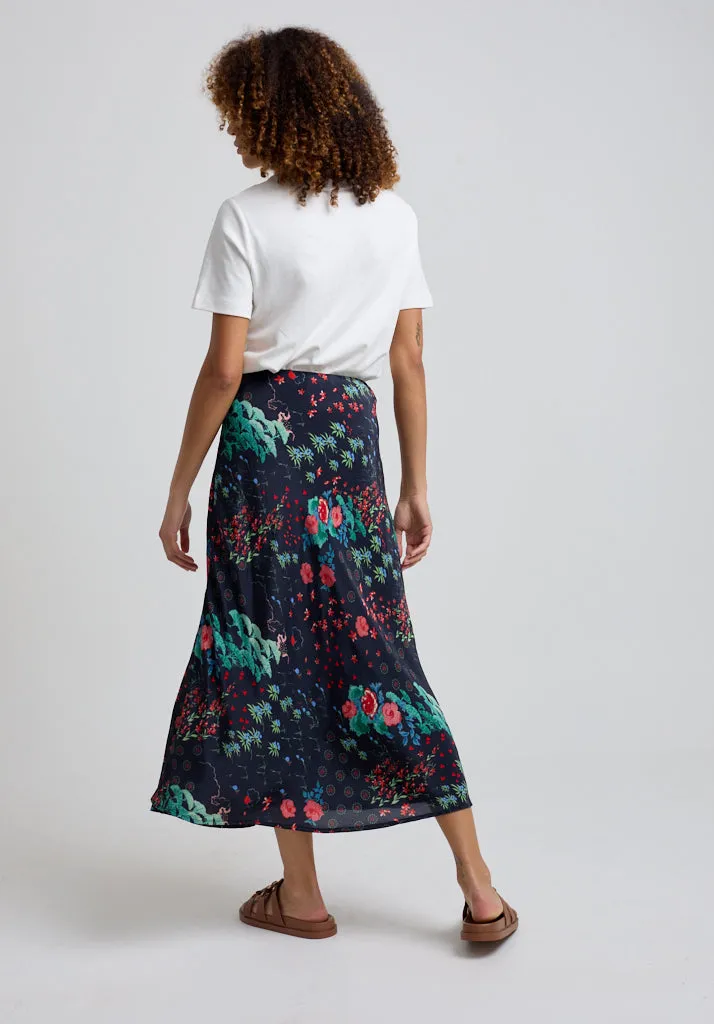 Ivy Bias Cut Wonderland Print Midi Skirt In Black