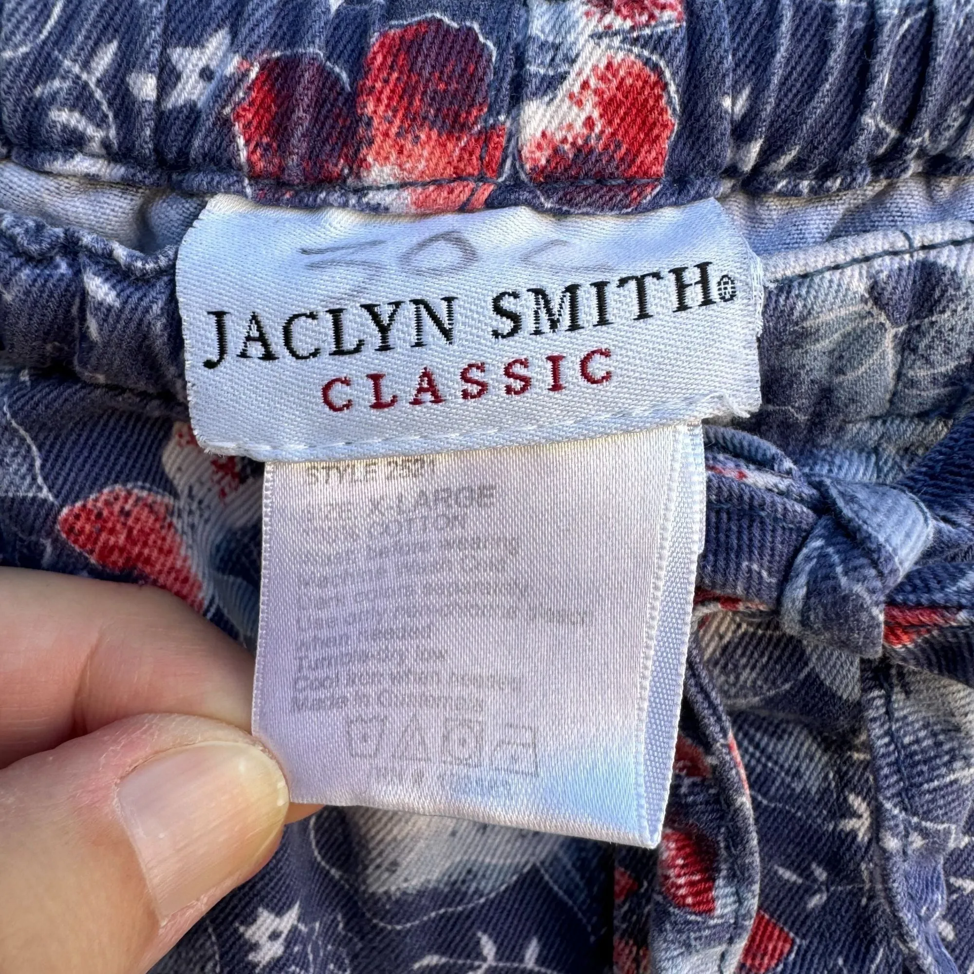 Jaclyn Smith Classic Womens Blue Floral Denim Drawstring Elastic Waist Pants XL