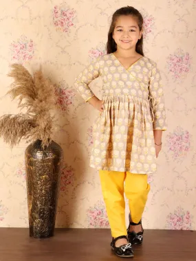 Jashvi Girls Grey & Yellow Printed Angrakha Style Kurti with Pyjama