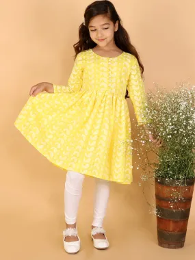 Jashvi Girls Yellow Pure Cotton Chikankari Kurta With Leggings