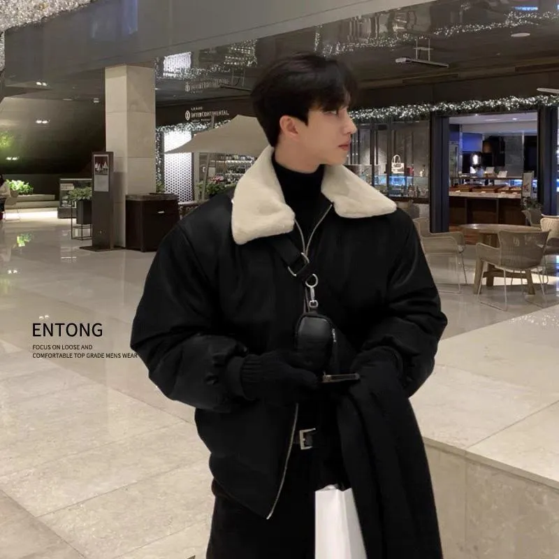 Jinquedai bomber jacket PU Leather Fur Collar Cotton-Padded Coat for Men Autumn and Winter Thickened Korean Style Trendy Lamb Fur Ruffle Handsome High-Grade Cotton-Padded Coat Leather Coat