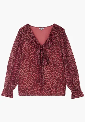 Joni Ruffle Neck Leopard Print Blouse In Burgundy