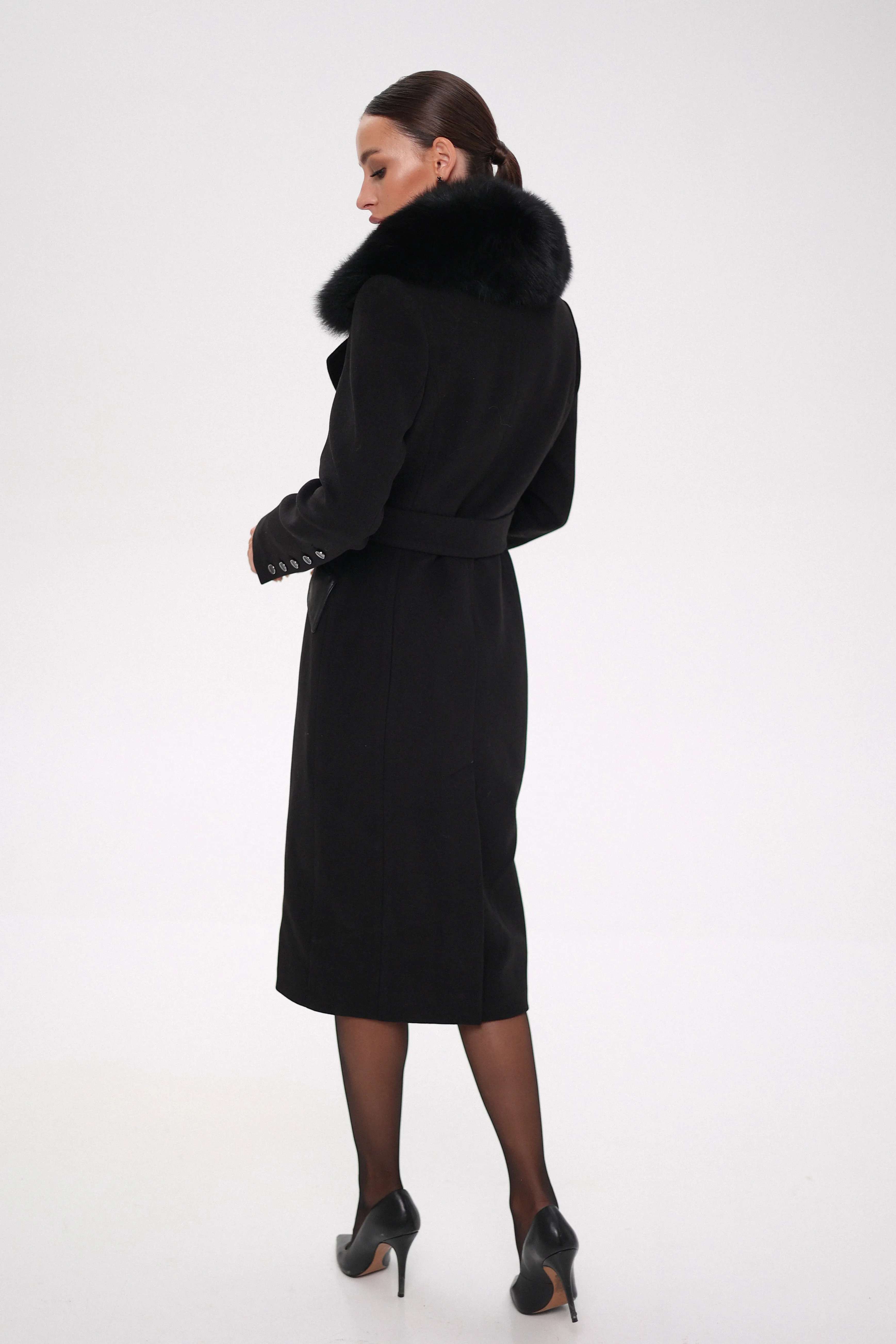 Kendra Genuine Polar Fox Leather Trim Cashmere Wool Coat