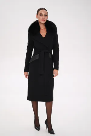 Kendra Genuine Polar Fox Leather Trim Cashmere Wool Coat