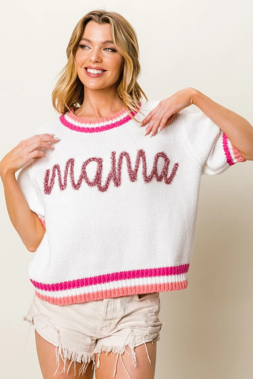 KESLEY MAMA Contrast Trim Short Sleeve Sweater