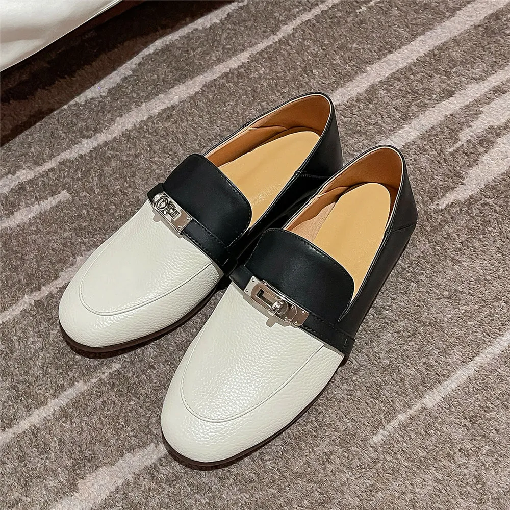 Leather Loafers Metal Locking Women Classic Leather Flat Shoes