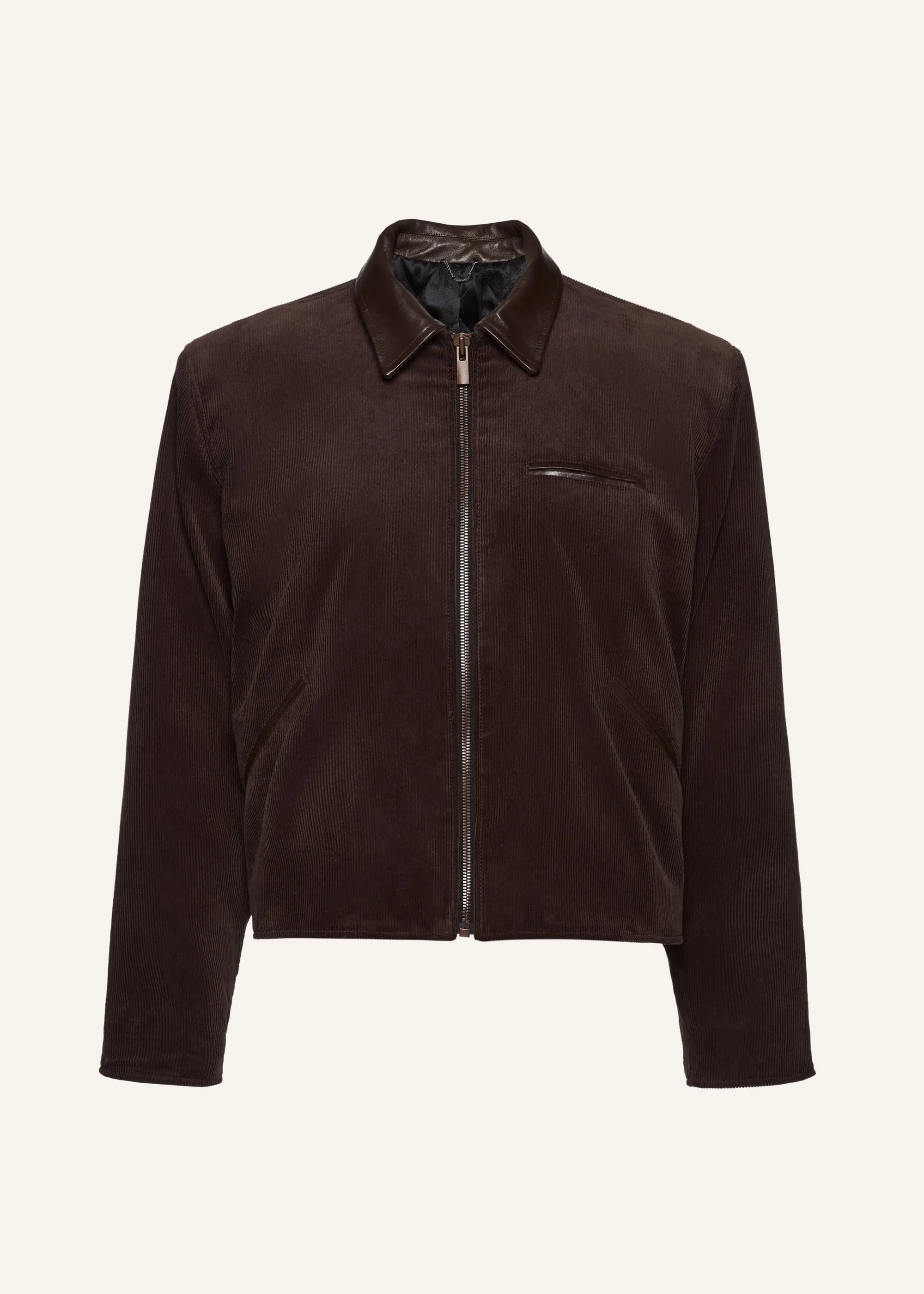 Leather-trim corduroy bomber jacket in brown