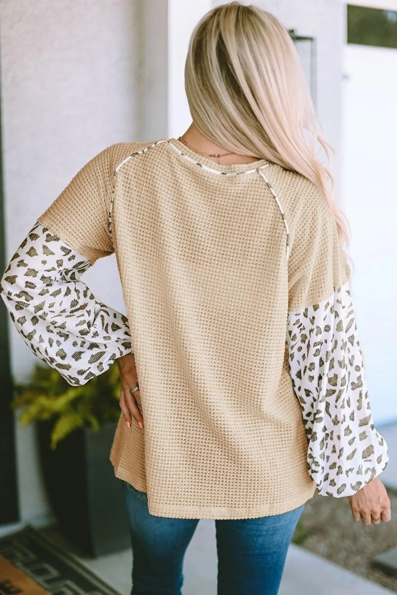 Leopard Waffle-Knit Balloon Sleeve Blouse