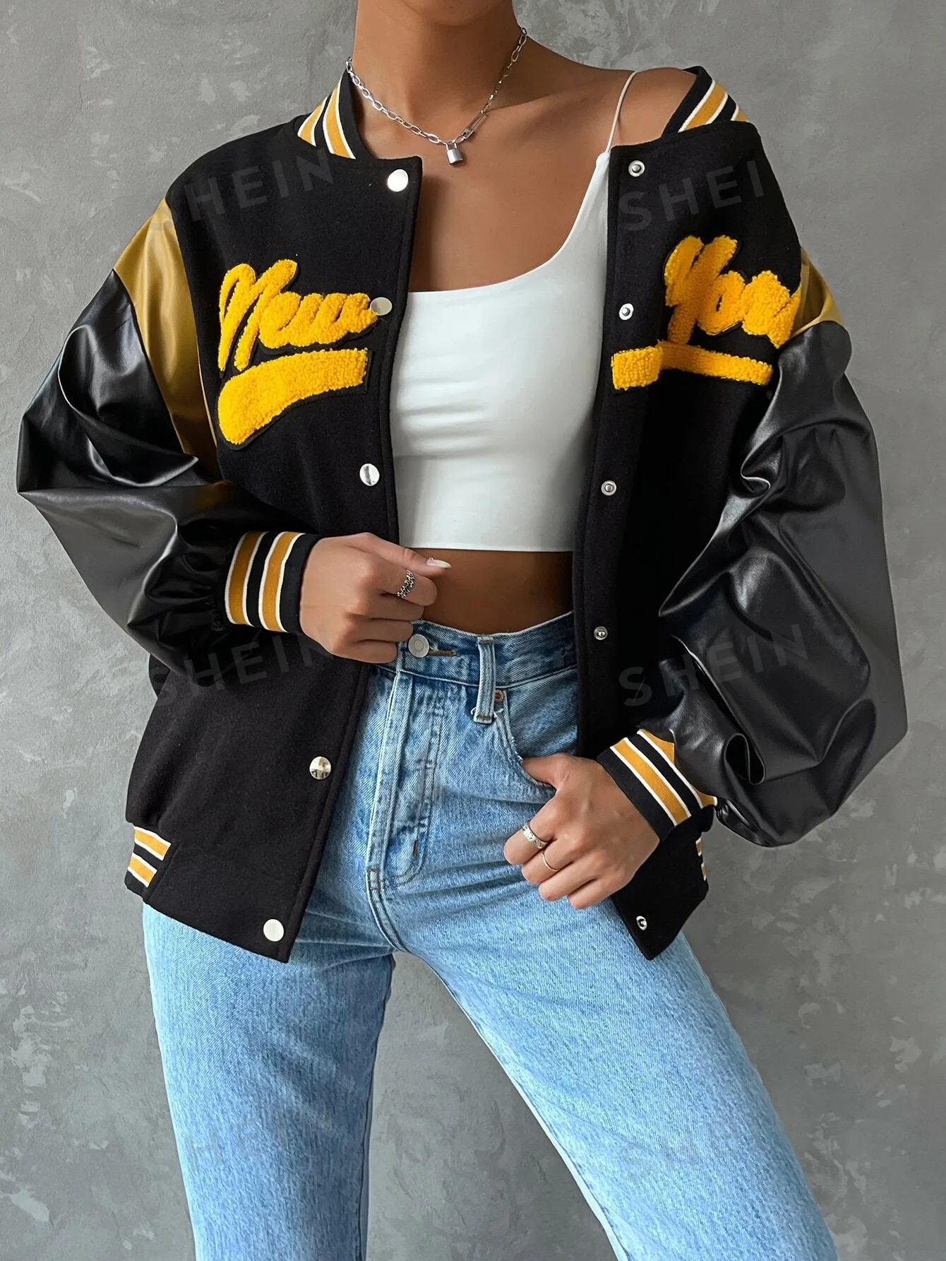 Letter Graphic Contrast PU Sleeve Bomber Jacket