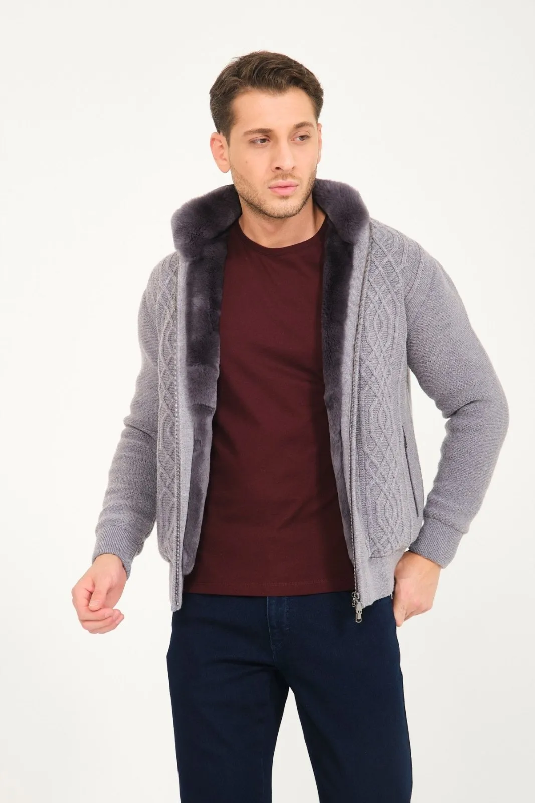 Light Grey Wool & Rex Fur Knit Cardigan